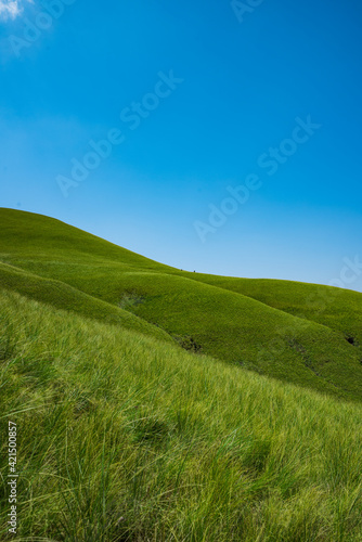 Minimalist scene of hills against a blue sky in the Drakensburg  South Africa. October 2019