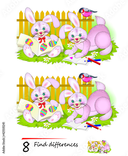 Find 8 differences. Illustration of cute Easter rabbits learning to read. Logic puzzle game for children and adults. Brain teaser book for kids. Developing counting skills. IQ test.