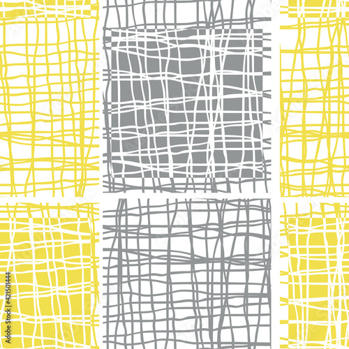 Irregular vector gauze weave effect striped seamless pattern background. Backdrop of alternating yellow grey woven vertical wide broken stripes with spliced edges. Modern abstract Hessian fibre repeat
