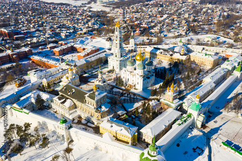 Top view of residential areas of Sergiev Posad city and Trinity-Sergius Lavra in winter, Russia...