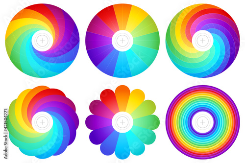 Vector set of rainbow covers for laser DVD disc. Fortune wheel with a twelve segmentation. Spiral, radial, concentric and twisted patterns. Bright palette. Printable templates with a looped spectrum.