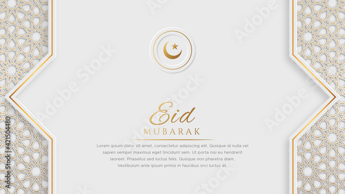 Eid Mubarak Arabic Islamic Elegant White and Golden Luxury Ornamental Background with Islamic Pattern and Decorative Ornament Border Frame