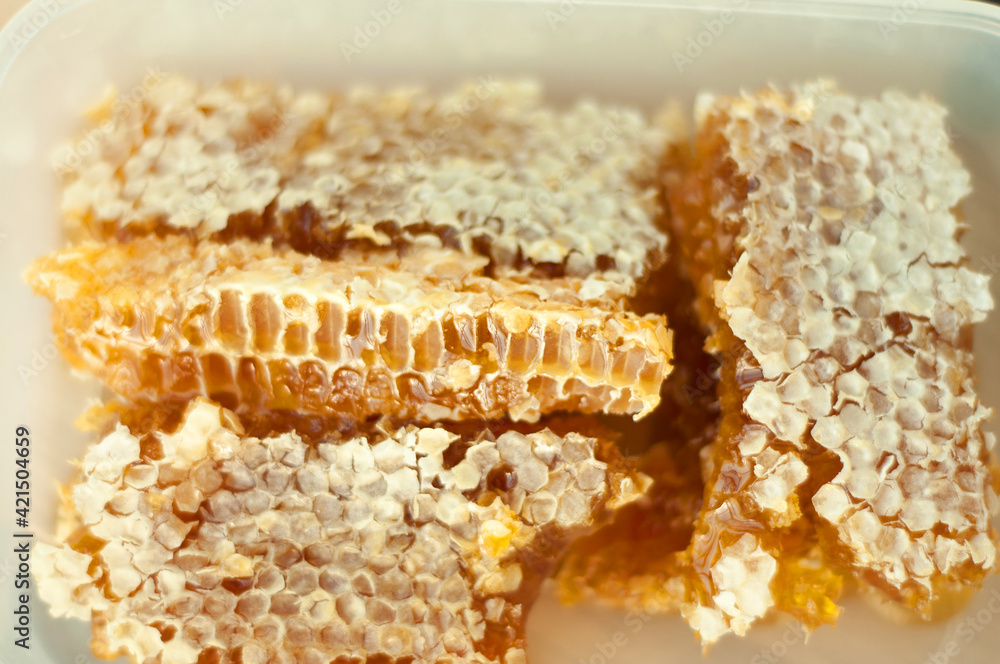 Closeup of honey in honeycomb, selective focus Closeup of honey in honeycomb, selective focus