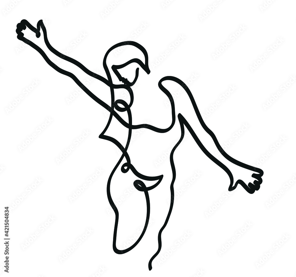 One line drawing of woman stretching arms.
One continuous line drawing of relaxed girl streching arms.
