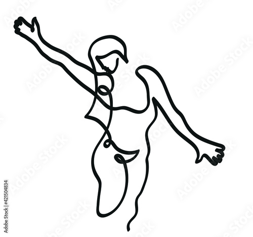 Fototapeta Naklejka Na Ścianę i Meble -  One line drawing of woman stretching arms.
One continuous line drawing of relaxed girl streching arms.
