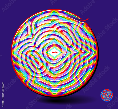 Logic puzzle game with labyrinth for children and adults. Find the way out of magic ball. Worksheet for kids brain teaser book. Trip out of depression. Maze in  hypnotizing waves. Play online.