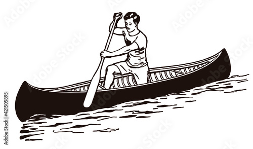 Kneeling man propelling an open canoe with a paddle, after an antique illustration