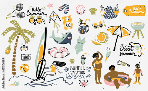 Summer design elements and a set of props for a photo studio. palm tree, ice cream, inflatable shark circle, glasses, negroes, children's pool. cartoon. hand drawing. vector illustration, boho, windsu