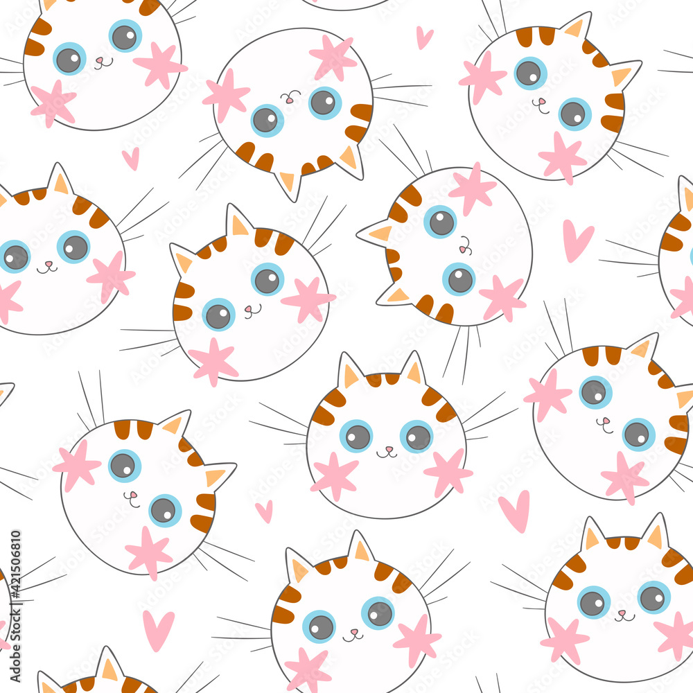 Cute little cat muzzle. Pink cheeks. Cartoon animal. Pink hearts. Seamless vector pattern (background). Cool print.