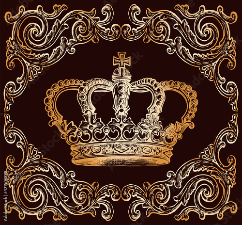 Vector drawing of golden ancient royal crown in ornate frame