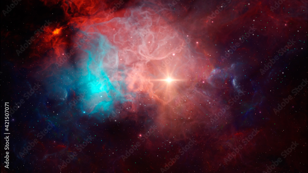 Space background. Red and blue colorful 3D nebula with stars and sun. Elements furnished by NASA. 3D rendering