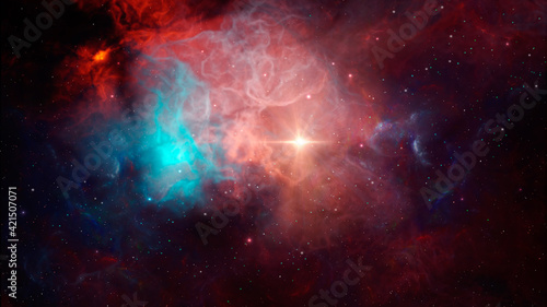 Fototapeta Naklejka Na Ścianę i Meble -  Space background. Red and blue colorful 3D nebula with stars and sun. Elements furnished by NASA. 3D rendering