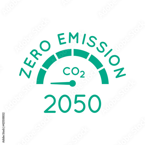 Zero emission by 2050. Gauge arrow set to zero. Carbon neutral. Net zero greenhouse gas emissions objective. Climate neutral long term strategy. No toxic gases. Vector illustration, flat, clip art.