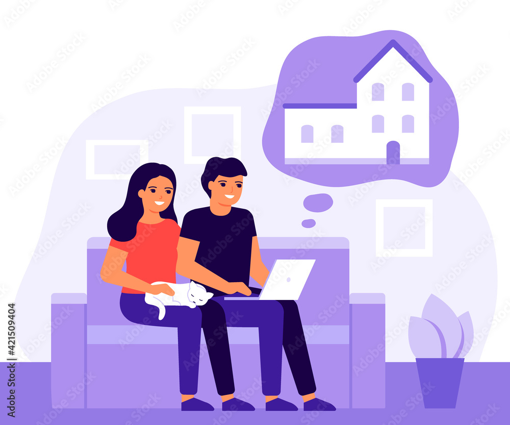 Young couple man and woman sitting on sofa with laptop and dreaming of home. Family choice of house. Take out house building on credit and mortgage. Vector illustration in flat style