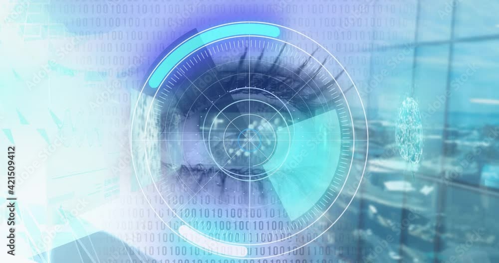 Round scanner and binary coding data processing against close up of female eye against office window Round scanner and binary coding data processing against close up of female eye against office window