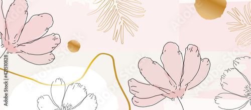 Flowers poster background, nature inspired, soft colors, elegant floral line art print. Botanical decorative design, vector illustration for beauty and natural products, spa, wellness, fabric, fashion