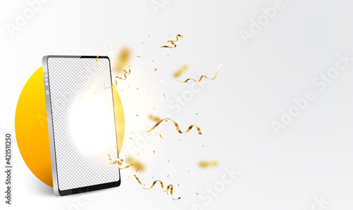 Smartphone advertising banner with gold confetti 