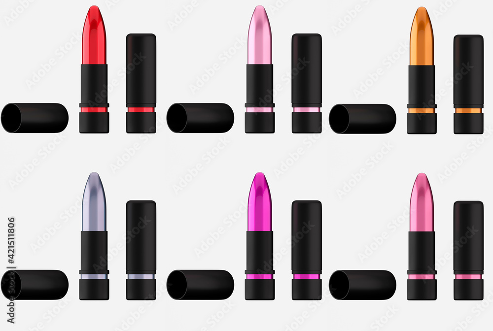 Fototapeta premium Lipstick, different colors, white background, 3d illustration