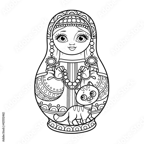 Russian traditional nest doll Matrioshka in a kokoshnik with cat and beads outline for coloring on a white background