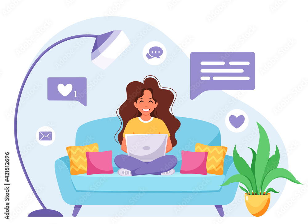 Woman sitting on a sofa and working on laptop. Freelancer, home office concept. Vector illustration Woman sitting on a sofa and working on laptop. Freelancer, home office concept. Vector illustration