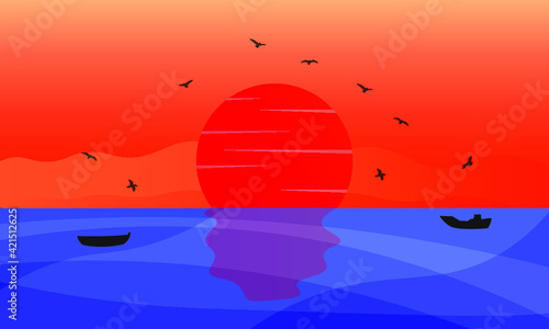 Sea Sunset Illustration Background with Birds and Boats © Vectoro