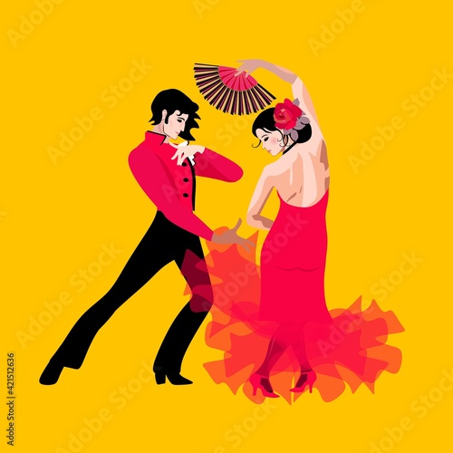 Handsome young man in traditional spanish costume and girl, dressed in red dress and with fan on her hand, dance flamenco isolated on bright yellow background. Wedding invitation, poster.