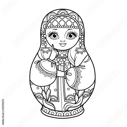 Russian traditional nest doll Matrioshka in a smart kokoshnik outline for coloring on a white background