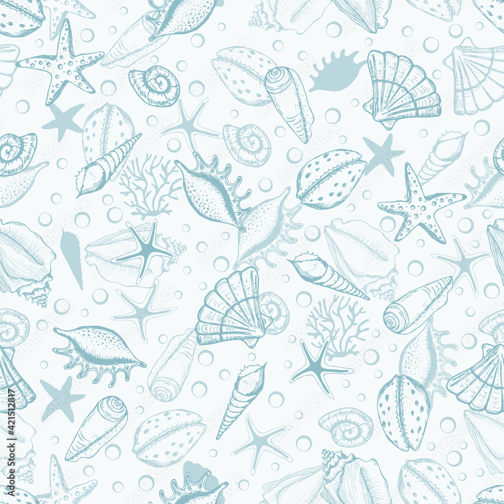 Hand drawn sea shells, seaweed and stars seamless collection. Marine illustration shell. Ideal for fabric, wallpaper, wrapping paper, textile, bedding, t-shirt print.. Hand drawn sea shells, seaweed and stars seamless collection. Marine illustration shell. Ideal for fabric, wallpaper, wrapping paper, textile, bedding, t-shirt print..