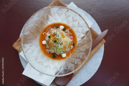 Photography Organic highlands heirloom tomato, bavarois, crab meat, compressed cucumber, pam