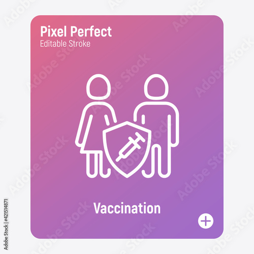 Coronavirus vaccination. Virus protection: family is protected by shield with vaccine. Immune system. Thin line icon. Pixel perfect, editable stroke. Vector illustration.