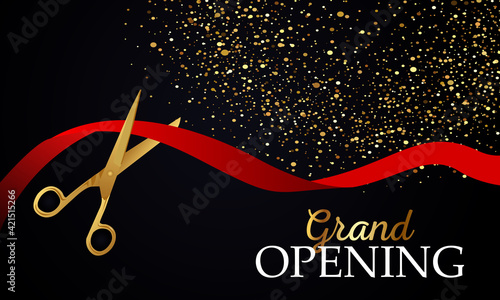 Grand opening design with ribbon, balloons and gold scissors, confetti. Vector illustration