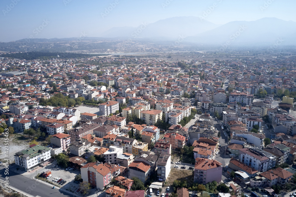 Aerial panoramic view of Denizli town, Turkey.