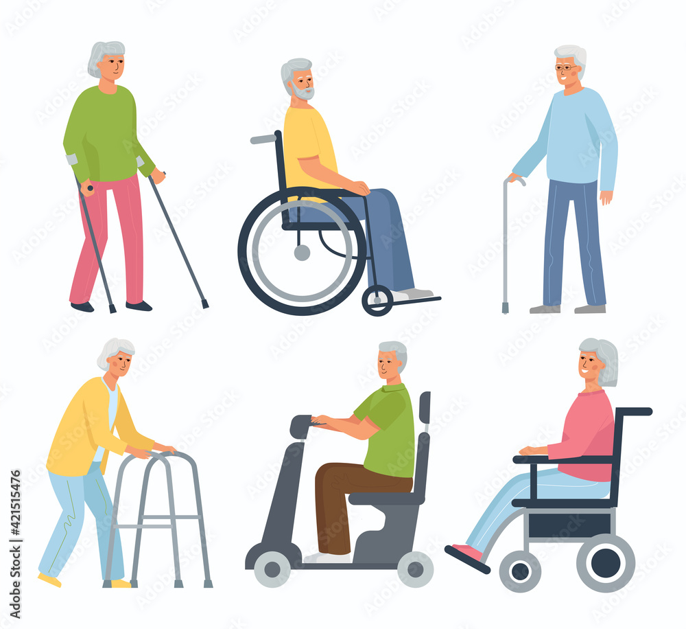 Collection of elderly disabled people. People in wheelchairs, women on walkers and crutches, a man with a cane.