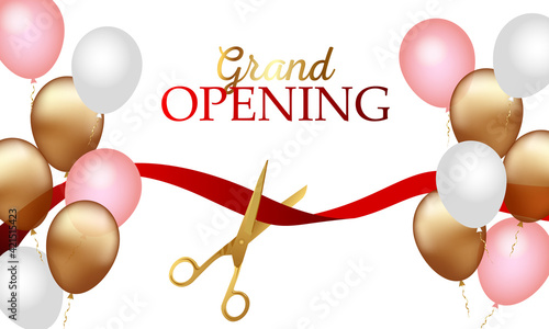 Grand opening design with ribbon, balloons and gold scissors, confetti. Vector illustration