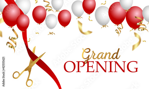 Grand opening design with ribbon, balloons and gold scissors, confetti. Vector illustration