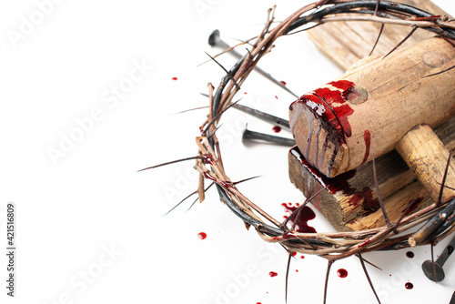 Fotografija Christian crown of thorns, drops of blood, nails on white background