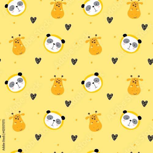 Funny endless hand drawn background with cute panda, giraffe and hearts. Cool vector illustration for kids, babies, fashion, texture, ornament.