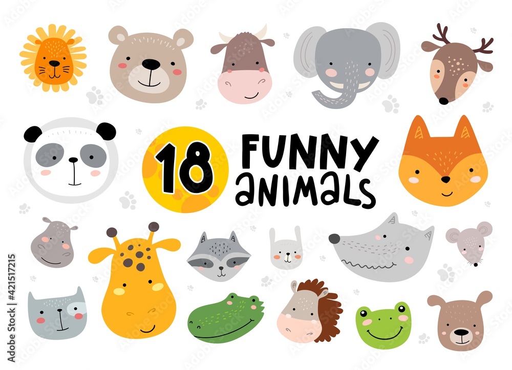 18 cute hand drawn animal faces. Vector illustration for kids fashion, birthday, post cards an others