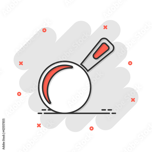 Vector cartoon frying pan icon in comic style. Cooking pan concept illustration pictogram. Skillet kitchen equipment business splash effect concept.