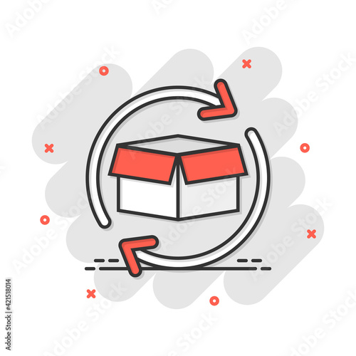 Vector cartoon box package return icon in comic style. Delivery box with arrow concept illustration pictogram. Cargo shipping business splash effect concept.