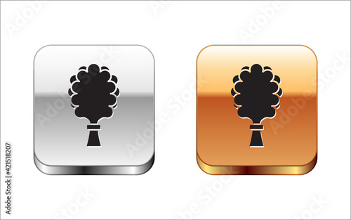 Black Sauna broom icon isolated on white background. Broom from birch twigs, branches for Russian steam bath, sauna, washhouse. Silver-gold square button. Vector