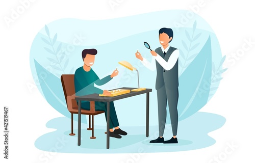 Client at jewelry store examining engagement ring