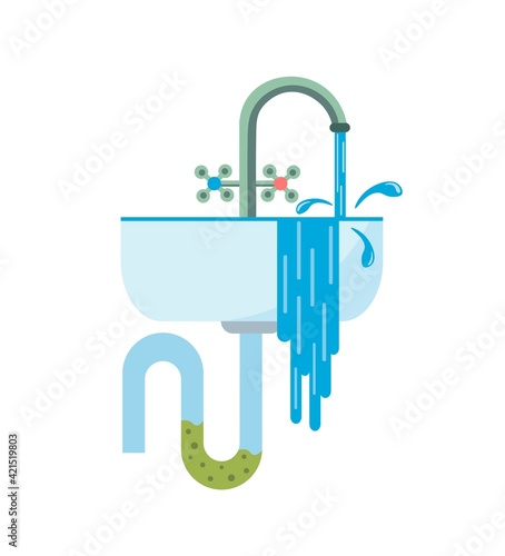 Blockage of pipe. Water flows from the sink. Sink in the bathroom or kitchen. Broken sewer system. Vector illustration in a flat style. Illustration on an isolated background in cartoon style.