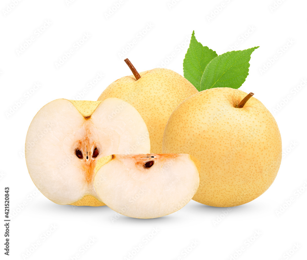 Fresh pears with leaves isolated on white background Fresh pears with leaves isolated on white background