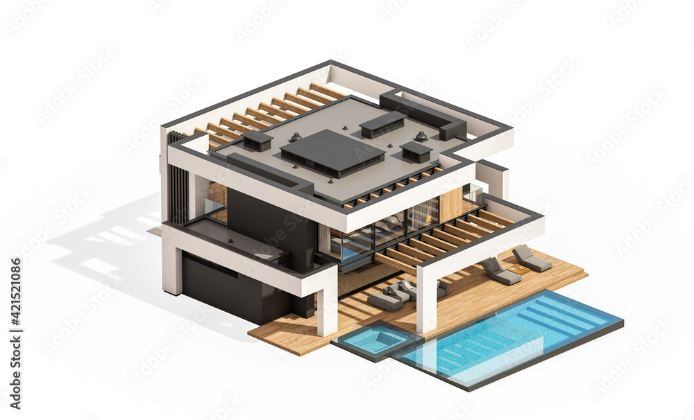 3d rendering of modern cozy house with pool and parking for sale or rent in luxurious style. Isolated on white 3d rendering of modern cozy house with pool and parking for sale or rent in luxurious style. Isolated on white