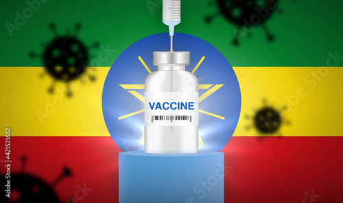 Vaccine vial with a needle in, on a podium with virus particles in the background. Vector illustration. Ethiopian flag.