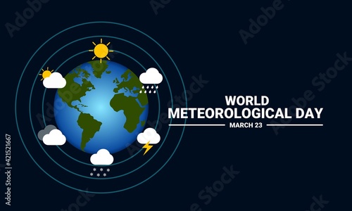 Vector illustration of a globe surrounded by weather icons, as a banner, posster, or template for world meteorological day.
