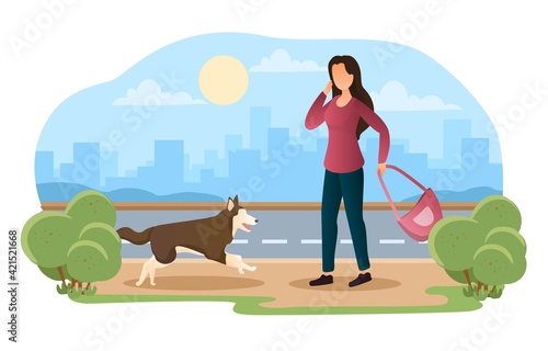 Female teen afraid of the dog with cityscape.