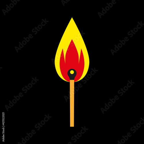 A burning match. Colored vector icon in a flat style. A match with fire, isolated on a black background. Illustration of a matchstick for web design, prints, cards, posters, and danger signs.