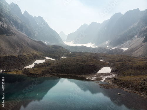scenery of high mountain with lake and high peak